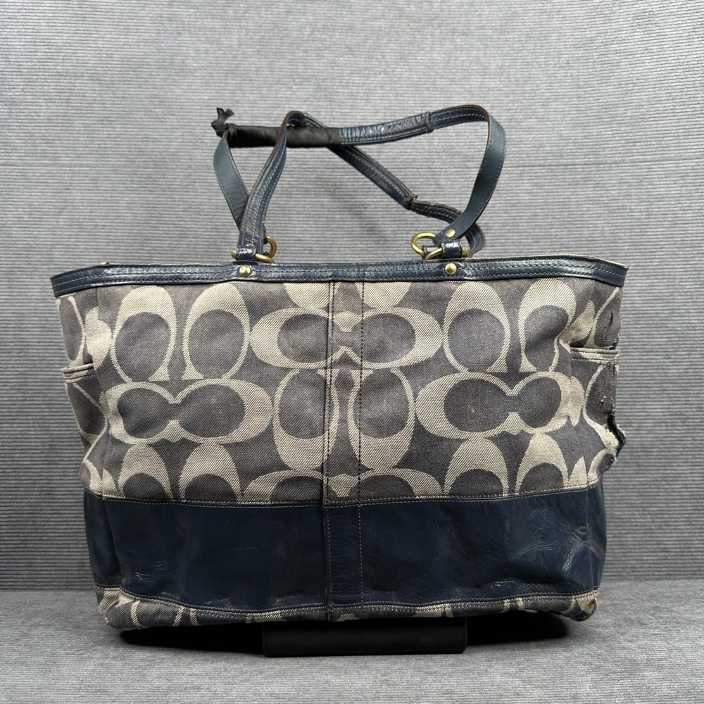 Coach Signature Diaper Bag Tote Navy Blue Grey Canvas Leather 12548 Vtg